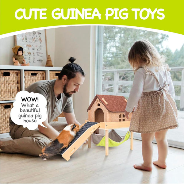 BESNEW 3 in 1 Enlarged Guinea Pig Hammock,Wooden Guinea Pig Hideout with House & Platform & Stairs Small Animal Toys for Hiding Sleeping Activities8