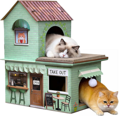 Cardboard Cat Scratcher House, Double Layer Coffee Shop Design, Sage Green, 5-Layer Corrugated, Window Cutouts, 4 Scratching Boards, Plush Ball & Catnip, Indoor Multi Cat House for Cats up to 20 Lbs1