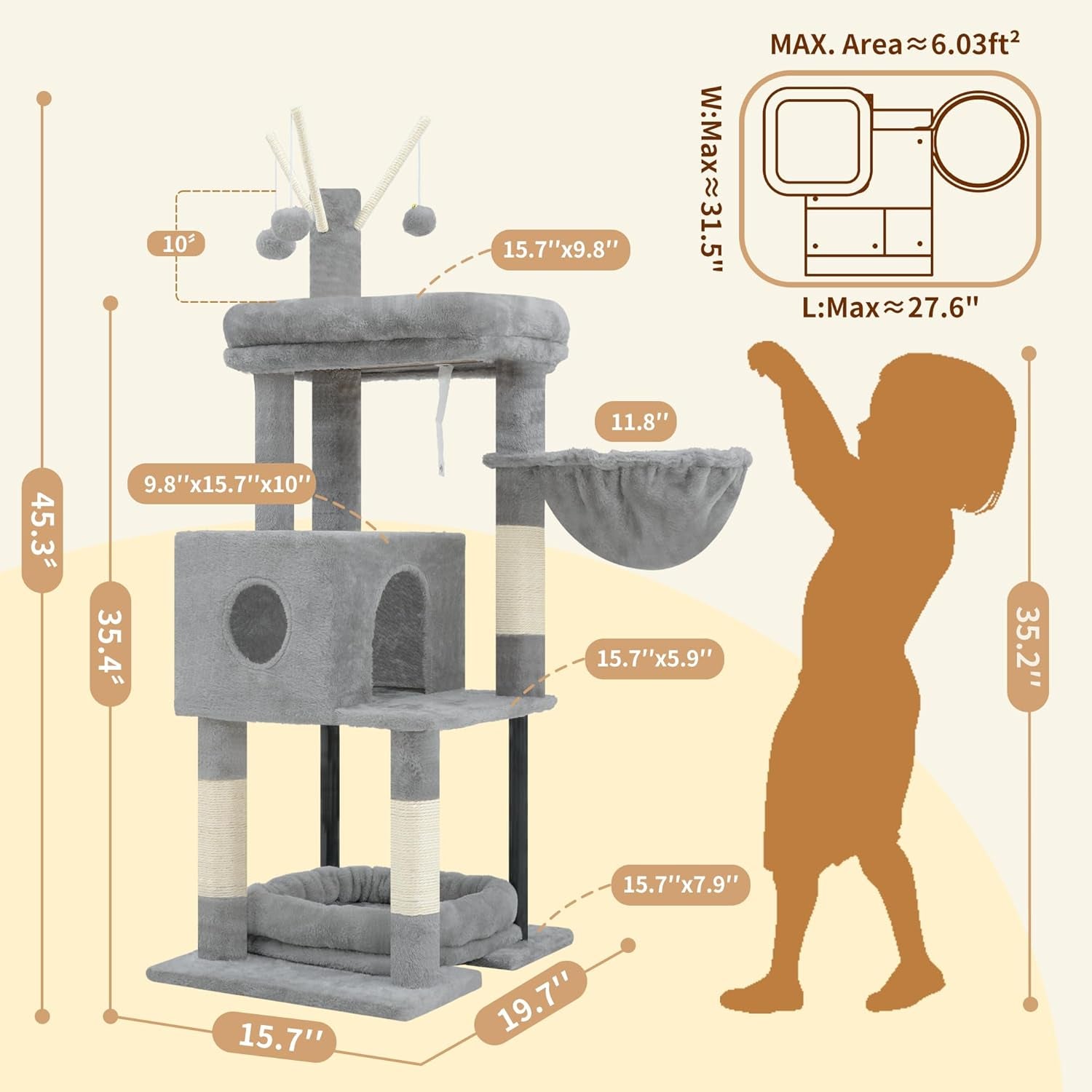 heybly-cat-tree-45-3-inch-cat-tower-for-indoor-cats-with-large-perch-all-in-one-cat-furniture-with-cozy-bed-hidden-space-cat-condo-comfy-hammock-scratching-posts-3-pompoms-light-gray-hct202sw