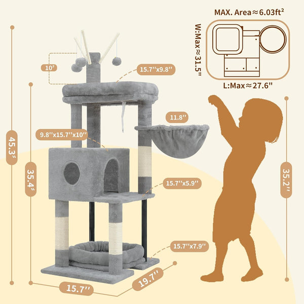 Heybly Cat Tree, 45.3-Inch Cat Tower for Indoor Cats with Large Perch, All-In-One Cat Furniture with Cozy Bed, Hidden Space Cat Condo, Comfy Hammock, Scratching Posts & 3 Pompoms, Light Gray HCT202SW4