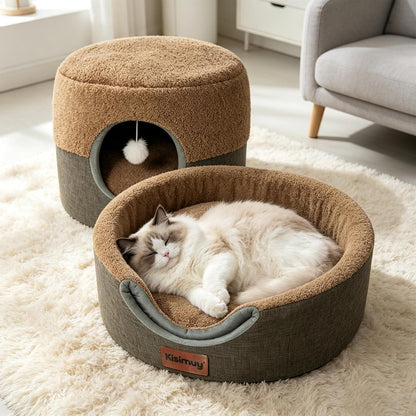 2-In-1 Foldable Cat Bed for Indoor Cats, Cat Cave & Sofa Bed | 15.7"D X 13"H, Reversible Plush & Linen Cushion,Enclosed Cat Bed, Hanging Cat Toys, Non-Slip, Small Cat House, Grey13