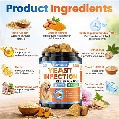 Yeast Infection Treatment for Dogs, 200 Chew Carmelie Yeast Balance Healthy Itch Relief, Ear Paw Care for Dog, Allergy Supports, Inflammation Relief for Dogs, Chinken Flavor (70 Days Supply)6