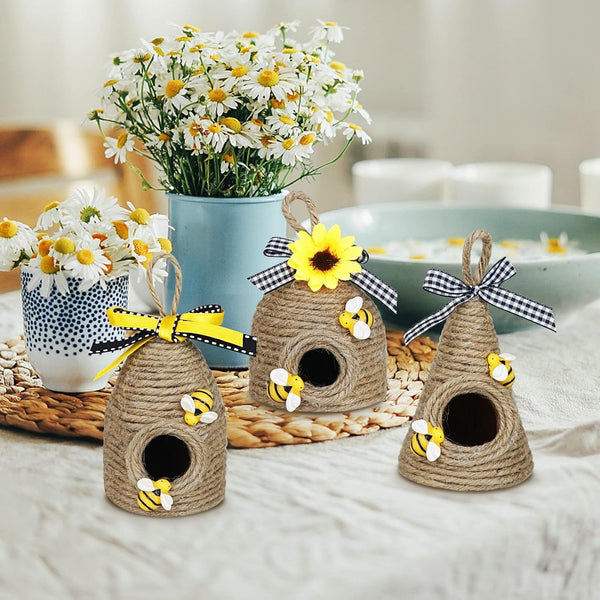 Bee Hive Decor,Bumble Bee Rustic Hive,Natural Bee House,Bee Party Decor | 3PA Bumble Bee Theme Party Decor Spring Summer Rustic Farmhouse Kitchecn Table Decorations, Honey Bee Tiered Tray Decoration2