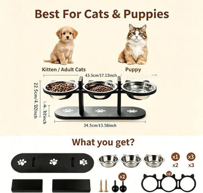 2026 New Anti-Slip Elevated 3-Bowl Pet Feeder, Cat Bowls with Stand Tilted, Stainlesssteel Cat Feeding Station, Ergonomic Elevated Cats Bowls with Wooden Base, Pet Feeding Station for Food & Water (E)7