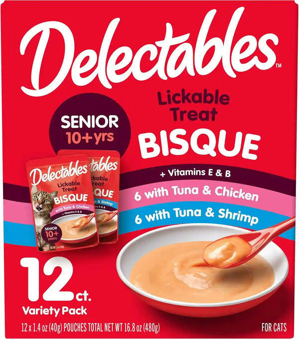 Delectables Lickable Treat Bisque Senior 10+ Wet Cat Treat Variety Pack, Food Topper, Hydrating, Grain-Free, No Fillers, No By-Products, No Added Preservatives, 1.4Oz Pouch, 12Ct1