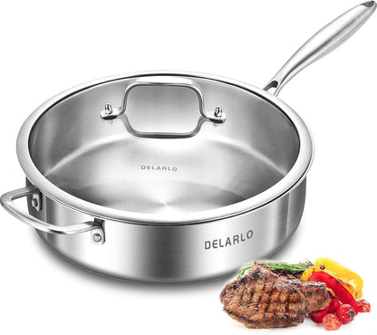 Tri-Ply Stainless Steel Frying Pan,12 Inch Skillet with Lid,6 Quart Saute Pan,Compatible with All Cooktops,Oven up to 660℉,Chicken Fryer,Dishwasher-Friendly1