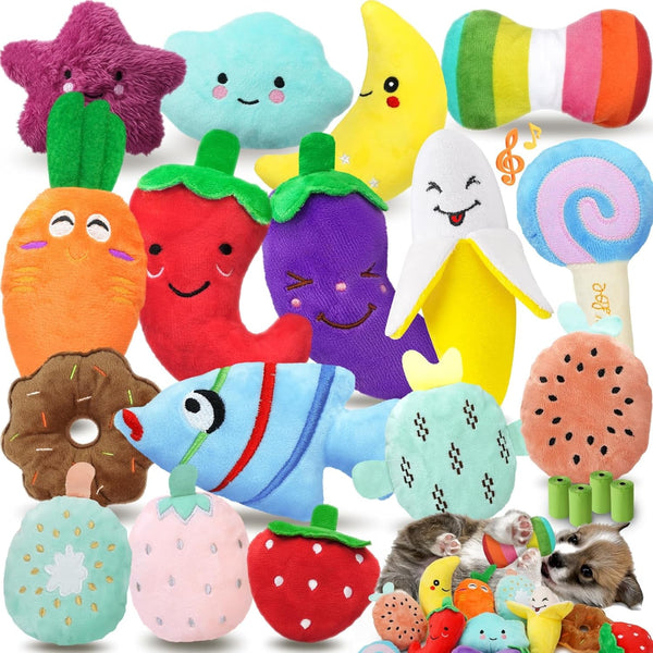 Cheerful 20-Pack Squeaky Dog Toys Set - Included 4 Dog Bags, Plush Puppy Toys with Irresistibly Cute Characters for Small Dogs, Interactive Dog Squeak Toys for Fun&Teeth Cleaning1