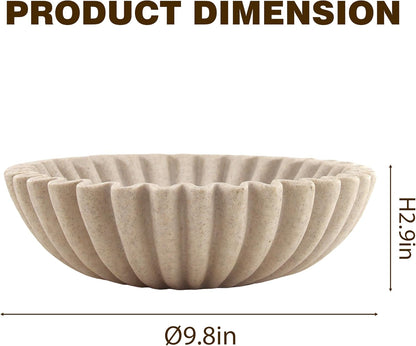 10'' Large Ruffle Decorative Fruit Bowl for Entryway Coffee Table Scalloped Purse Key Holder Kitchen Countertop Console Modern Organic Home Decor, Artificial Stone Beige2