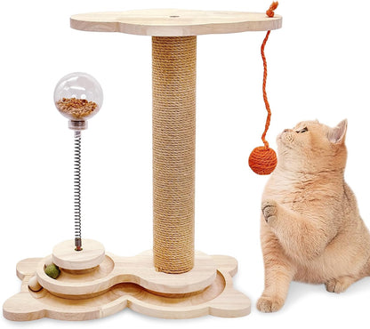 Fhiny Cat Scratching Posts, Interactive Cat Toys for Indoor Cats Sisal Rope Kitten Scratcher with Cat Treat Dispenser 2-Layer Wooden Cat Turntable & Interactive Balls Dangling Ball for Cats Kittens1