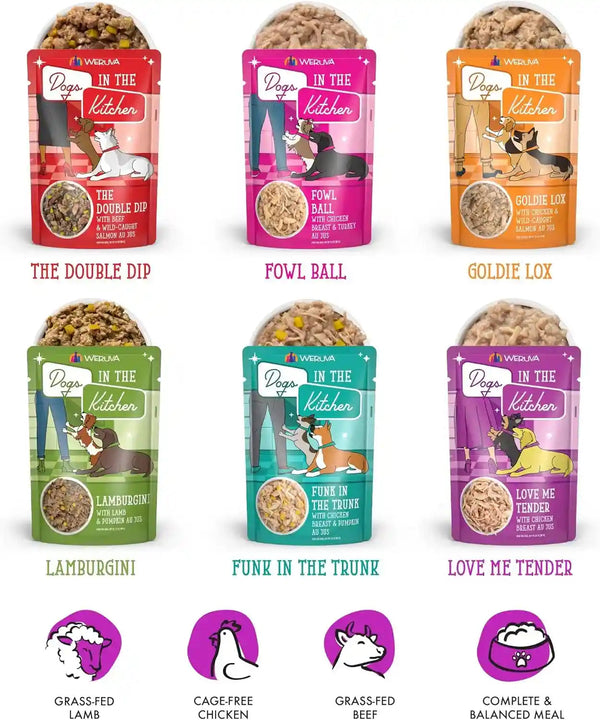 Weruva Dogs in the Kitchen, Variety Pack, Pooch Pouch Party!, Wet Dog Food, 2.8Oz Pouches (Pack of 12)4
