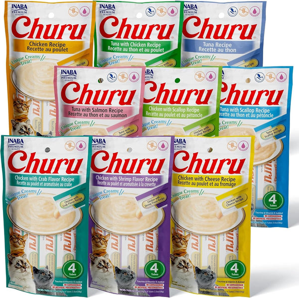 INABA Churu Cat Treats, Grain-Free, Lickable, Squeezable Creamy Purée Cat Treat/Topper with Vitamin E & Taurine, 0.5 Ounces Each Tube, 36 Tubes (4 per Pack), 9 Flavor Variety1