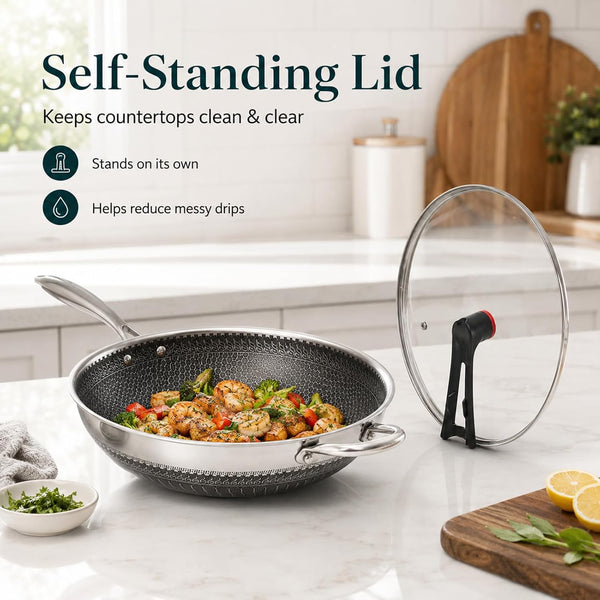 12.6 Inch Stainless Steel Honeycomb Wok Pan with Standing Glass Lid, Flat Bottom Stir Fry Pan for Induction, Gas & Electric Stoves, Physical Stick-Resistant Surface, Dishwasher Safe4