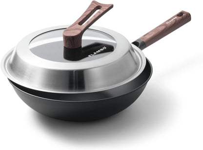 Ultralight 12.6" Carbon Steel Wok with Lid - Naturally Nonstick Carbon Steel Pan, Zero Chemical Wok Pan, Works on Gas & Induction, Nitrided Finish for Stir-Fry, Sautéing, and More1
