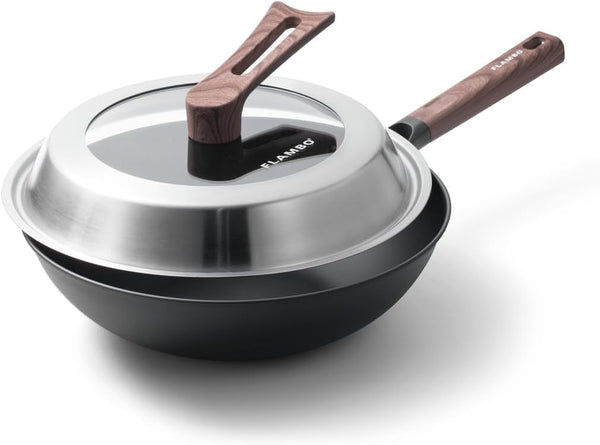 Ultralight 12.6" Carbon Steel Wok with Lid - Naturally Nonstick Carbon Steel Pan, Zero Chemical Wok Pan, Works on Gas & Induction, Nitrided Finish for Stir-Fry, Sautéing, and More1