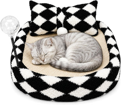 Furso Cat Bed Scratcher Lounge for Indoor Cats – Sisal Scratch Pad with Spring Treat Ball, Plush Pillow & Play Toy | Diamond Design | Protects Furniture1