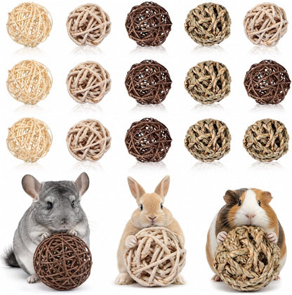 Skylety 15 Pieces Bunny Chew Balls for Rabbits, Small Animal Rolling Grass Toys and Treats for Guinea Pigs, Chinchillas, Hamsters, Mice, Teeth Grinding, Gnawing and Play(Classic Style,1.97")7
