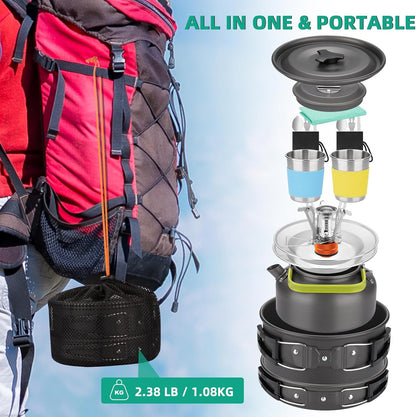 18Pcs Camping Cookware Kit, Nonstick Pots Pans and Kettle Set | Nonstick Camping Cookware Set with Kettle, Cups, Plates, and Utensils for Backpacking, Hiking, and Camping3