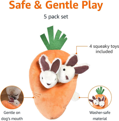 Amazon Basics Interactive Hide and Seek Squeaky Dog Plush Toy with Squeaker for Small Dogs, Rabbit and Carrot, Orange and White, 5-Pack2