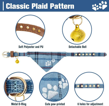 EXPAWLORER Puppy Collar and Leash Set - Embroidery Pawprints Plaid Dog Collar and Dog Leash Set, Bow Tie and Bandana Dog Collar with Bell, Cute Collar and Leash for Dogs Cats Outdoor Walking, Blue S2