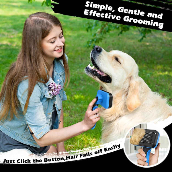 Woman gently grooming golden retriever with blue deshedding brush outdoors, easy hair removal tool for dogs5