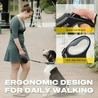 Woman walking dog with ergonomic FIDA leash featuring quick lock button and anti-slip grip for daily walks5