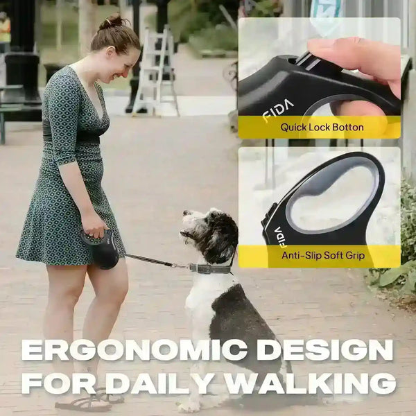 Woman walking dog with ergonomic FIDA leash featuring quick lock button and anti-slip grip for daily walks5