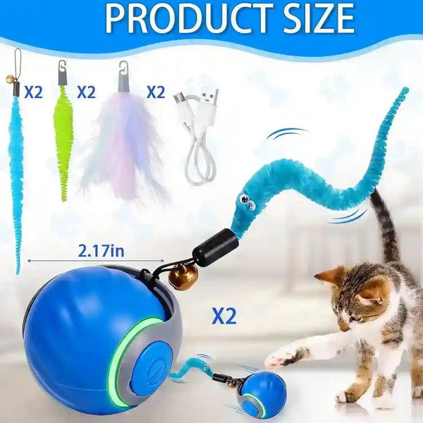 Interactive cat toy with 2.17in ball, feather & pipe cleaner attachments, USB charging, and playful kitten5