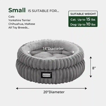 Small gray plush pet bed for cats and small dogs, 20-inch diameter, cozy corduroy design, suitable for toy breeds up to 15 lbs.5