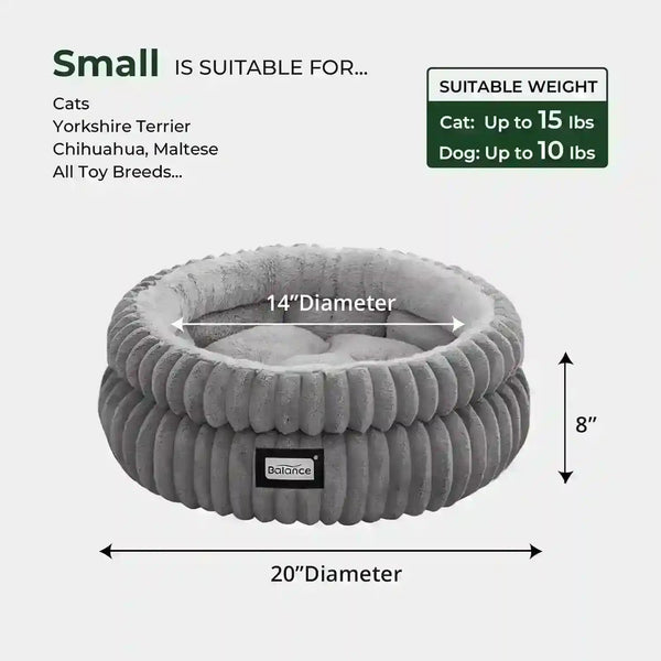 Small gray plush pet bed for cats and small dogs, 20-inch diameter, cozy corduroy design, suitable for toy breeds up to 15 lbs.5