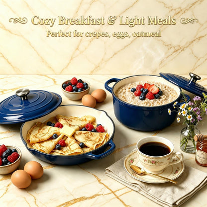 5-Piece Navy Blue Enameled Cast Iron Cookware Set | Includes 8" Frying Pan, 10" Skillet, 2.8QT and 3.5QT Dutch Ovens, and 4.7QT Casserole.8