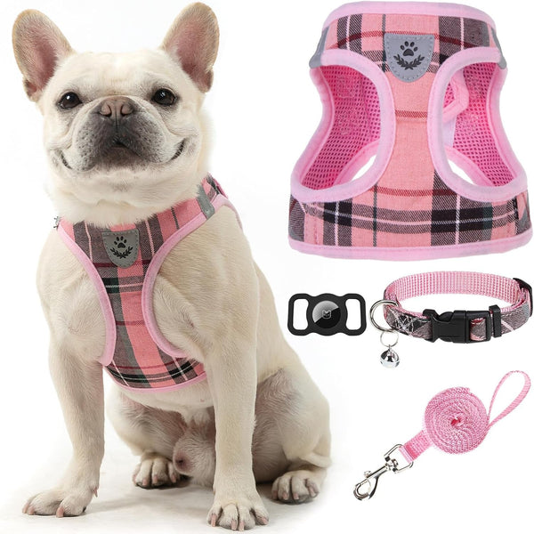 EXPAWLORER Plaid Small Dog Harness and Leash Set with Airtag Holder - No Pull Soft Padded Step in Dog Vest Harness Medium Sized Dog, Reflective Puppy Harness, Collar and Leash for Walking, Khaki S16
