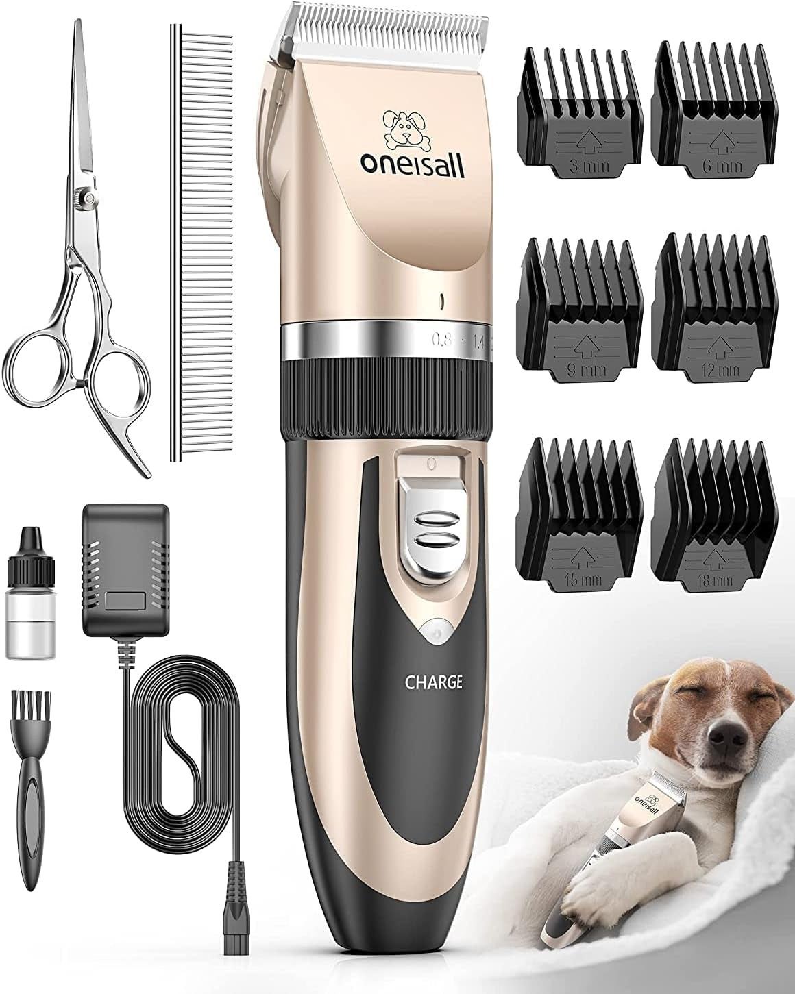 oneisall-dog-clippers-grooming-kit-for-dogs-cats-pets-low-noise-rechargeable-cordless-long-battery-life-simple-for-beginners-6-guide-combs-removable-rinsable-blade