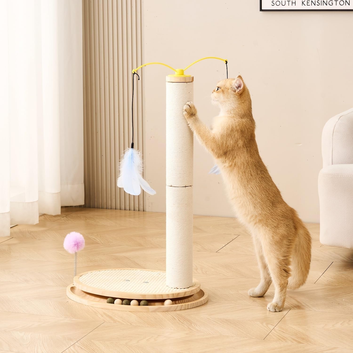 shengocase-cat-tree-scratching-post-scratcher-26-inch-tall-solid-wood-base-sisal-rope-interactive-ball-track-and-spinning-wand-feather-toys-scratch-pad