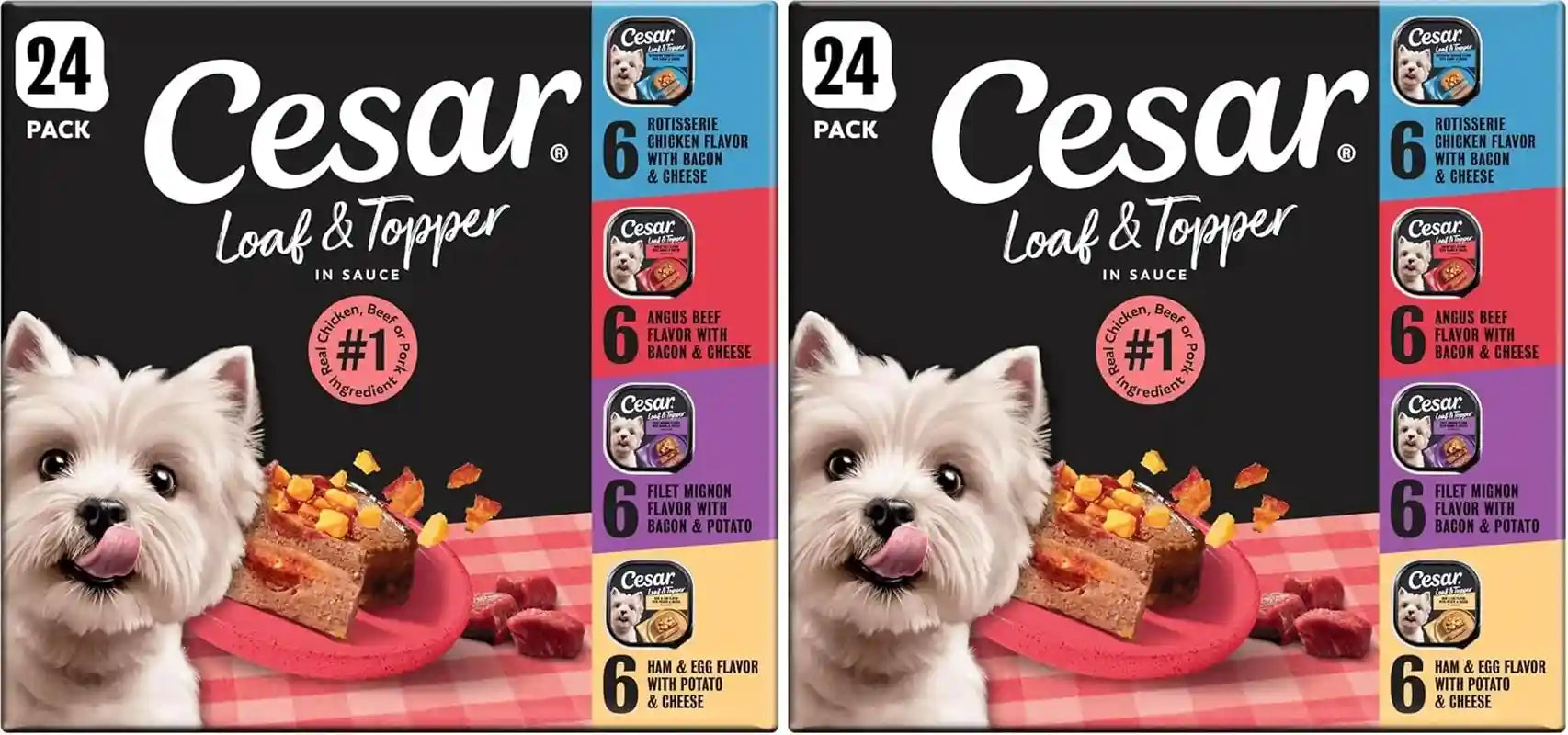 cesar-loaf-topper-wet-dog-food-variety-pack-3-5-oz-24-count-real-meat-1-ingredient-no-fillers-or-artificial-flavors-easy-to-digest-slow-cooked-tender-texture-easy-peel-trays