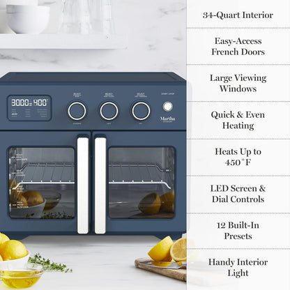 French Door Air Fryer Toaster & Convection Oven 34QT, Indigo | 12-In-1 Countertop Oven, Bake, Broil, Roast, Fits 12” Pizza, Dehydrate, Air Fry Basket, Oven Rack, Rotisserie, Blue10