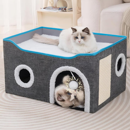 Loyareal Cat Houses for Indoor Cats - Large Cat Bed Cave with Scratch Pad and Fluffy Ball, Foldable Cat Condo Hideaway with Reversible Cushion for Multi Small Pet, Dark Grey7