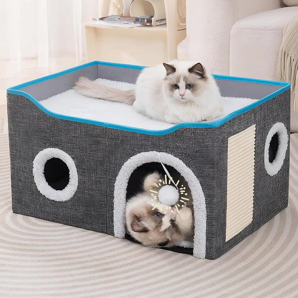 Loyareal Cat Houses for Indoor Cats - Large Cat Bed Cave with Scratch Pad and Fluffy Ball, Foldable Cat Condo Hideaway with Reversible Cushion for Multi Small Pet, Dark Grey7