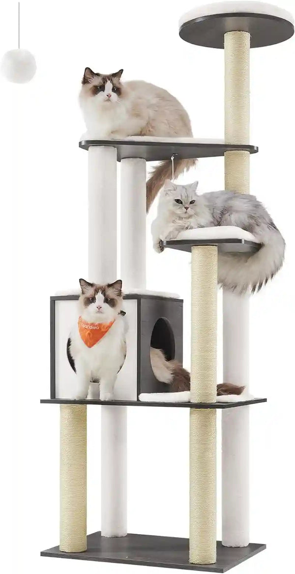 Feandrea Cat Tree, 64.6-Inch Modern Cat Tower, Multi-Level Condo with 5 Scratching Posts, Perch, Washable Removable Cushions, Cave, Rustic Brown UPCT166X0112