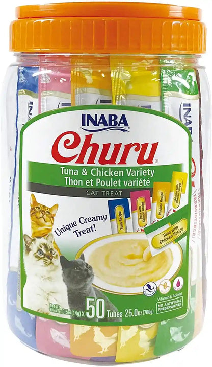 INABA Churu Cat Treats, Grain-Free, Lickable, Squeezable Creamy Purée Cat Treat/Topper with Vitamin E & Taurine, 0.5 Ounces Each Tube, 50 Tubes, Chicken Variety10