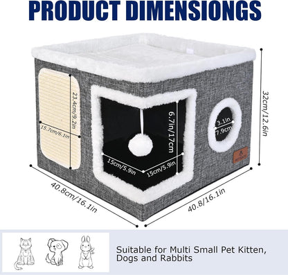Cat Beds for Indoor Cats, Large Cat Cave Bed with Scratch Pad and Fluffy Ball, Foldable Cat Hideaway, Cat House with Reversible Cushion for Multi Small Pet up to 30LBS, Grey2