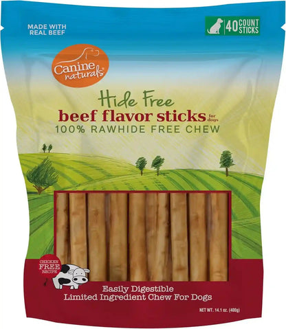 Canine Naturals Rawhide Free Beef Receipe Dog Chews, Sticks, 40 Count | 100% Rawhide Free, Made with Real Beef, Poultry Free, All-Natural, Easily Digestible, 5 in Sticks, Dog Treats, Bulk Pack1