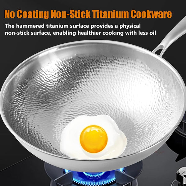Titanium Wok, Pure Titanium Hammered No Coating Non-Stick Cookware, Frying Pans, Ultra-Durable, Scratch-Resistant, Dishwasher&Oven Safe, Kitchen Induction Compatible,Smooth,12Inch3