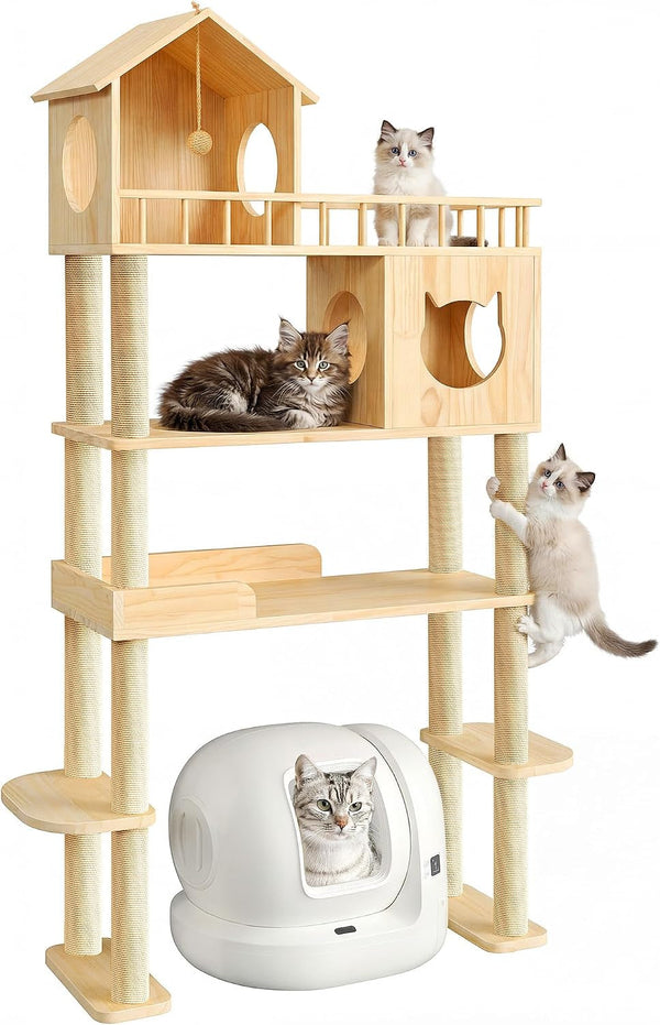 Wood Cat Tree for Automatic Litter Box, 5 Tier Cat Tower, 74 Inch | Tall Cats Tree for Indoor Cats Large Adult, Solid Wood Cat Furniture for Self Cleaning Litter Box, W/Scratching Post, House9