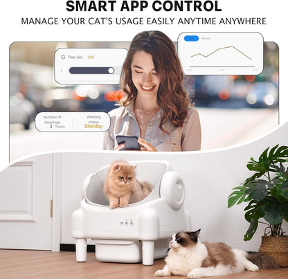 PARUUNTYS Self Cleaning Litter Box,Open Top Automatic Litter Box with App Control for Multiple Cats, Safety Sensors Protection, Odor Control Includes 2 Roll Liners,Large Waste Bin, Cream White5