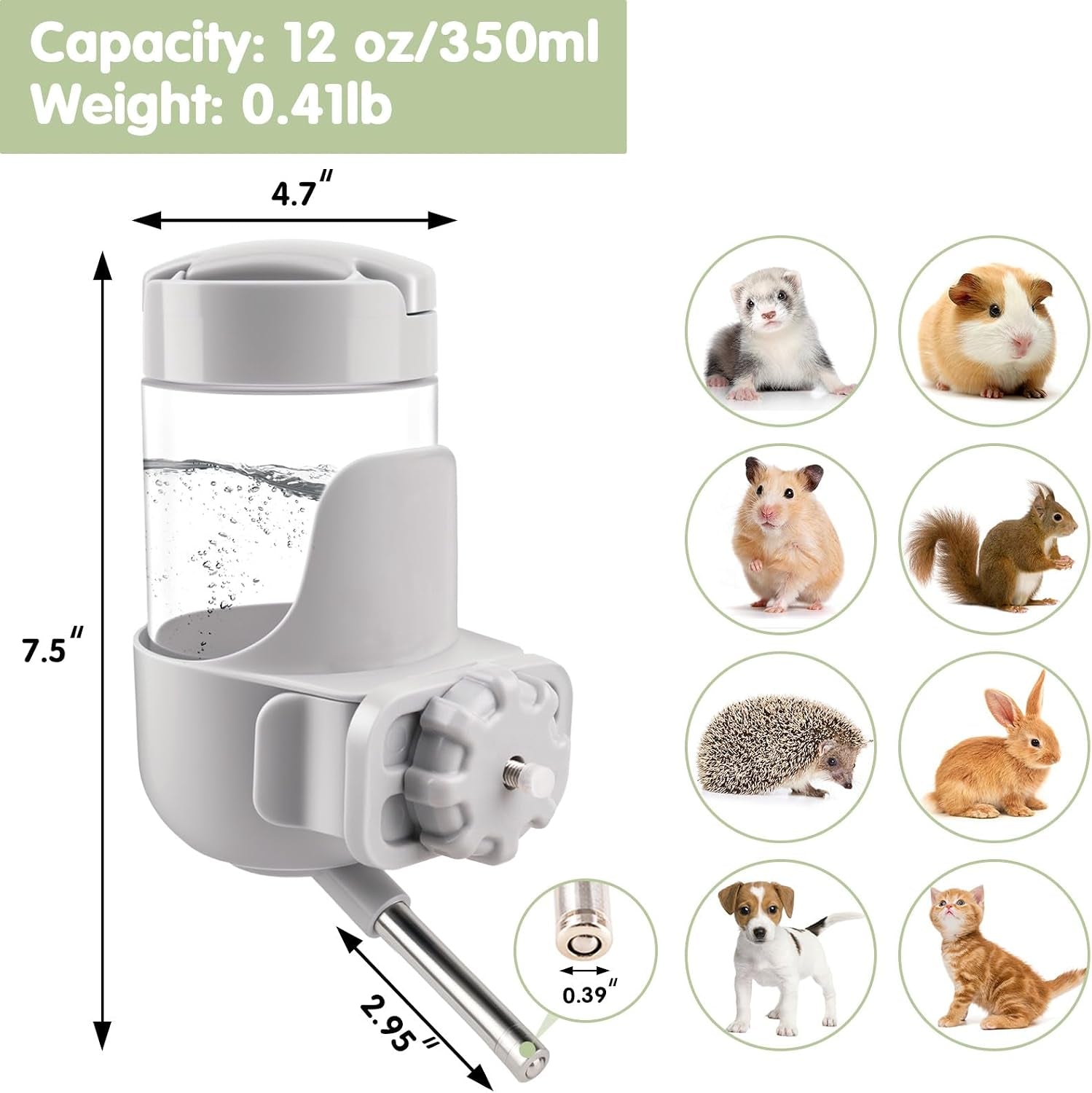 depets-guinea-pig-water-bottle-no-drip-12-oz-small-animal-water-dispenser-top-refill-cage-water-bottle-with-screw-fastener-abs-material-for-rabbit-hamster-rat-ferret-kitten-gray