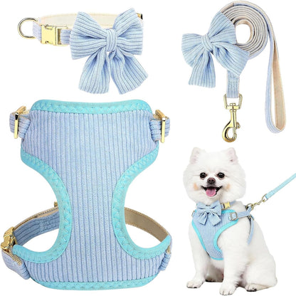 Small Dog Collar Harness and Leash Set, Dog Harness No Pull with Bowtie, Breathable Cotton Adjustable Pet Puppy Harness, Easy Walk Dog Harness, S(14–18.9")12