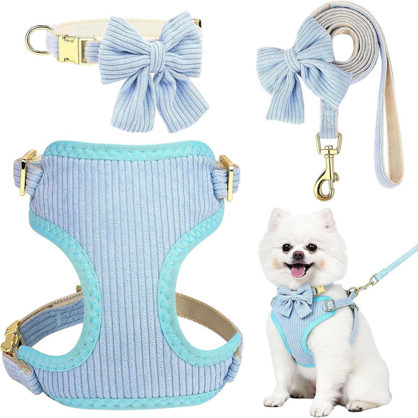 Small Dog Collar Harness and Leash Set, Dog Harness No Pull with Bowtie, Breathable Cotton Adjustable Pet Puppy Harness, Easy Walk Dog Harness, S(14–18.9")12