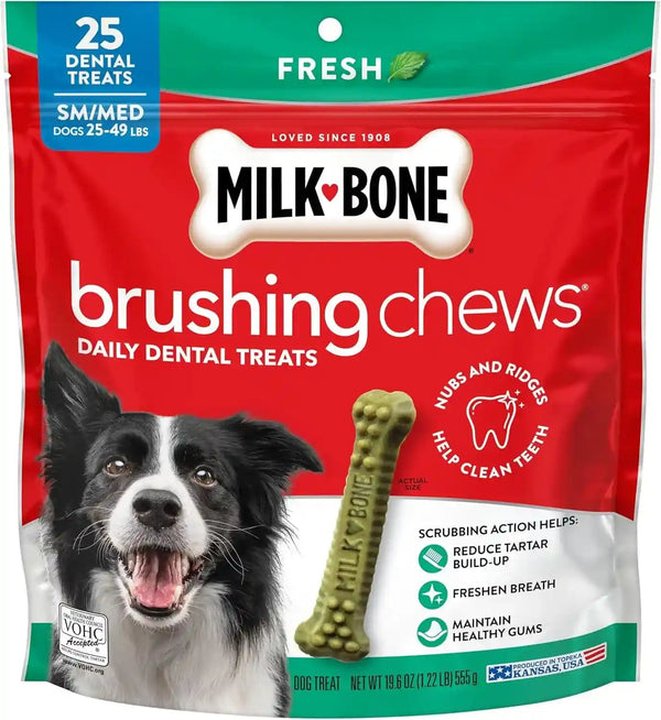 Milk-Bone Brushing Chews, Small/Medium, Fresh Flavor, 25 Dental Treats | 19.6-Oz. Bag, Daily Dental Dog Treats, for Dogs 25-49 Lbs., Fresh Mint Flavor1