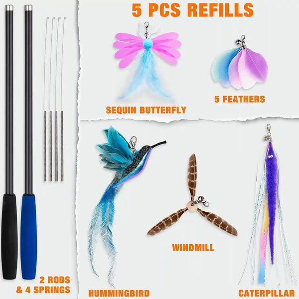 JXFUKAL 2025 Latest Cat Toys, 2 in 1 Spring Cat Wand Toy with 2PCS Ultra-Long Cat Teaser, 4PCS Spring Steel Wire & 5PCS Feather Refills for Kitty Kitten Indoor Cats Accessories6