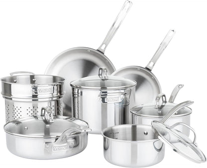 Viking Artisan 3-Ply Stainless Steel 11-Piece Cookware Set with Vented Glass Lids, Fry Pans, Saucepans, Saute Pan, Stock Pot with Strainer Insert, Oven Safe up to 600F1